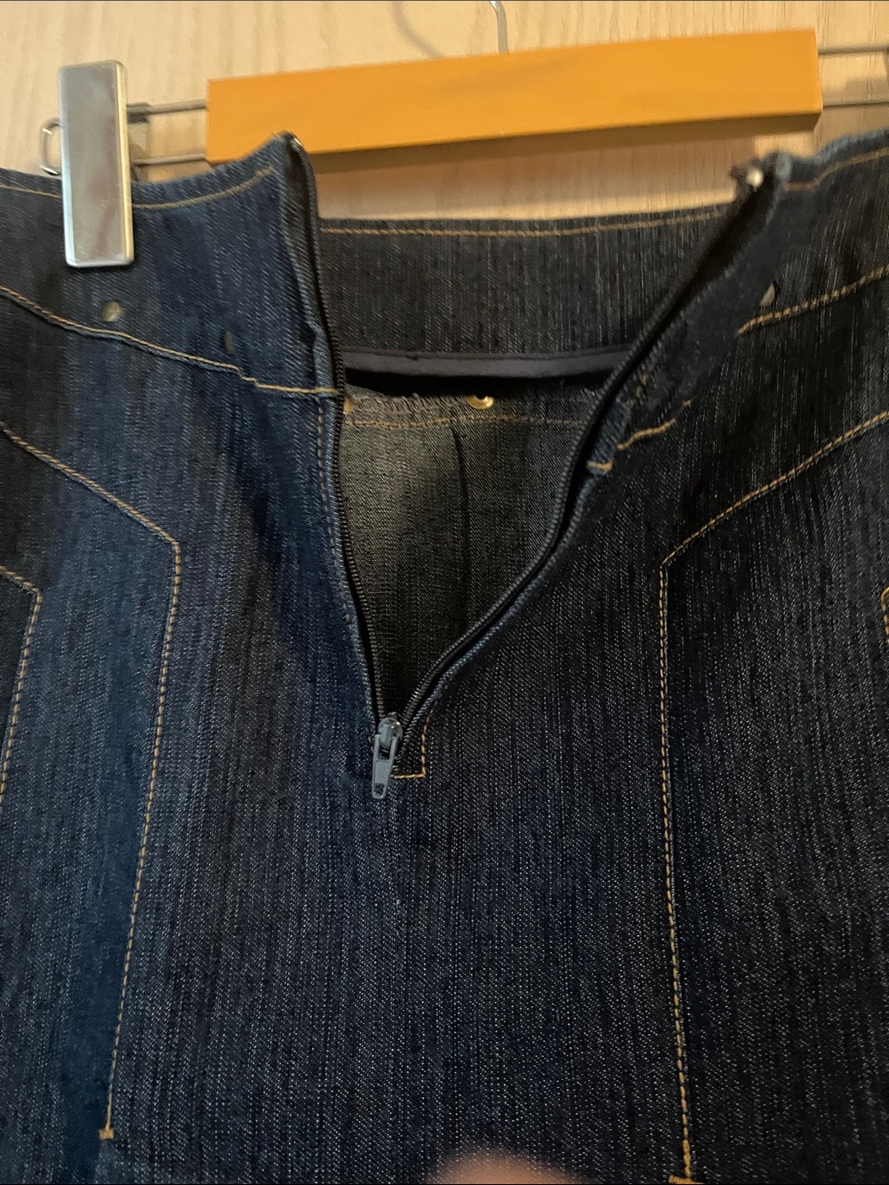 Dark Blue Denim A-Line Skirt with Decorative Stud and Bead Accents - Picture 10 of 11